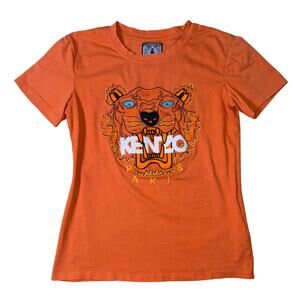 Kenzo Paris Orange Short Sleeve Tee Blue Eyed Tiger Embroidery Small